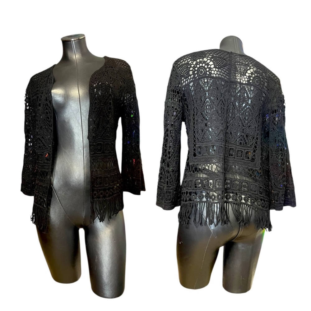 Vintage Black Crochet Open-Front Cardigan Knitted Knit Lace Pattern Fringe